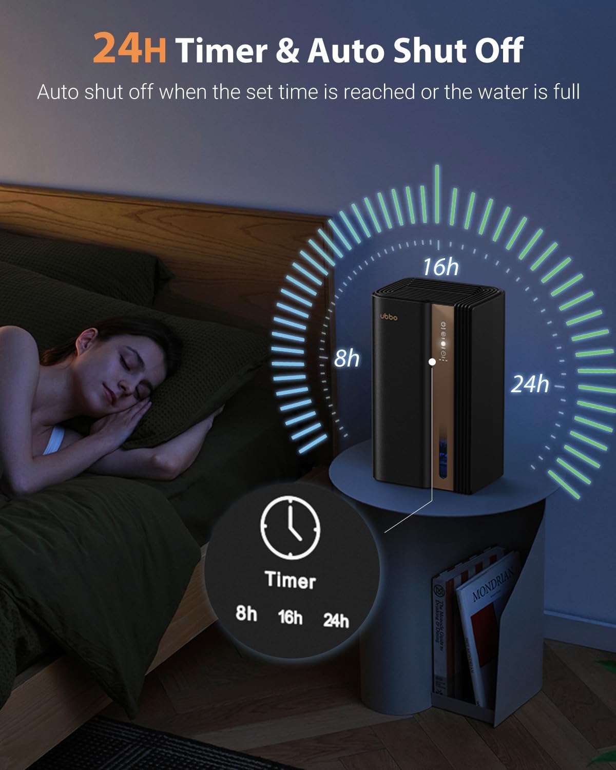 UBBO 95oz Dehumidifiers for Home, 1000 Sq.Ft Dehumidifier with Drain Hose - Auto Shut Off, Timer, Sleep Mode & Drain Hose - 7 Color Light for Bedroom, Bathroom, RV - Black