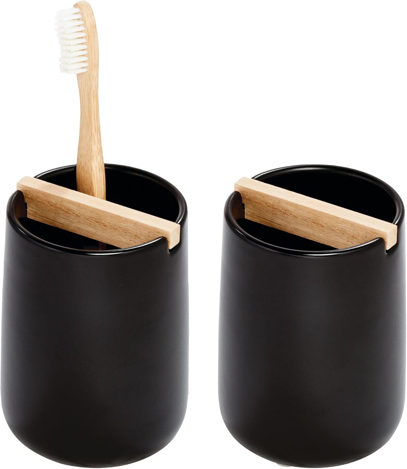 iDesign Ceramic Earth Collection Toothbrush Holder, Moss/Natural Wood | Paulownia Wood Divider