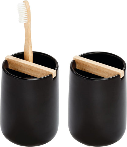 iDesign Ceramic Earth Collection Toothbrush Holder, Moss/Natural Wood | Paulownia Wood Divider