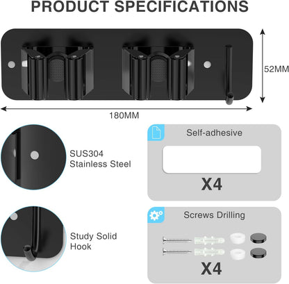 homeasy Wall Mount Mop and Broom Holder, Heavy Duty Stainless Steel Organizer Rack with Hooks | 2-Pack, 2-in-1 No Drill & Screw Installation, Silver
