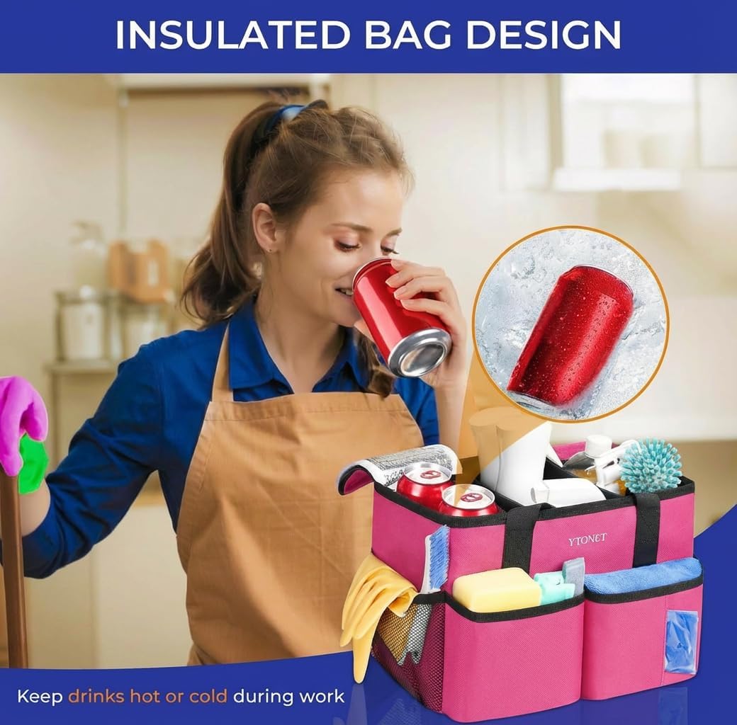 Ytonet Portable Cleaning Caddy with Handle, Water Resistant Cleaning Bag | with Handle & Foldable Divider for Cleaners, Housekeeping Tote for Kitchen & Bathroom, Car Tool Caddy Organizer Bag, Rosered