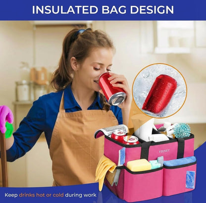 Ytonet Portable Cleaning Caddy with Handle, Water Resistant Cleaning Bag | with Handle & Foldable Divider for Cleaners, Housekeeping Tote for Kitchen & Bathroom, Car Tool Caddy Organizer Bag, Rosered