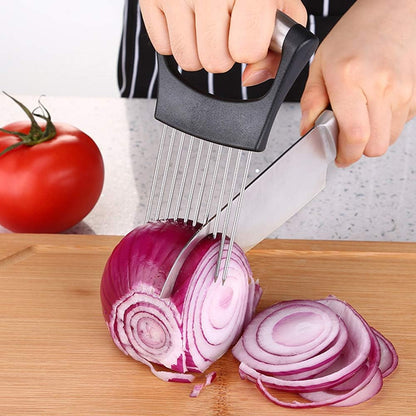 Hovico Stainless Steel Onion Holder Fruits Veg Meat Tomato Cutter Slicer Peeler Chopper,Stainless Steel Cutting Kitchen Gadget