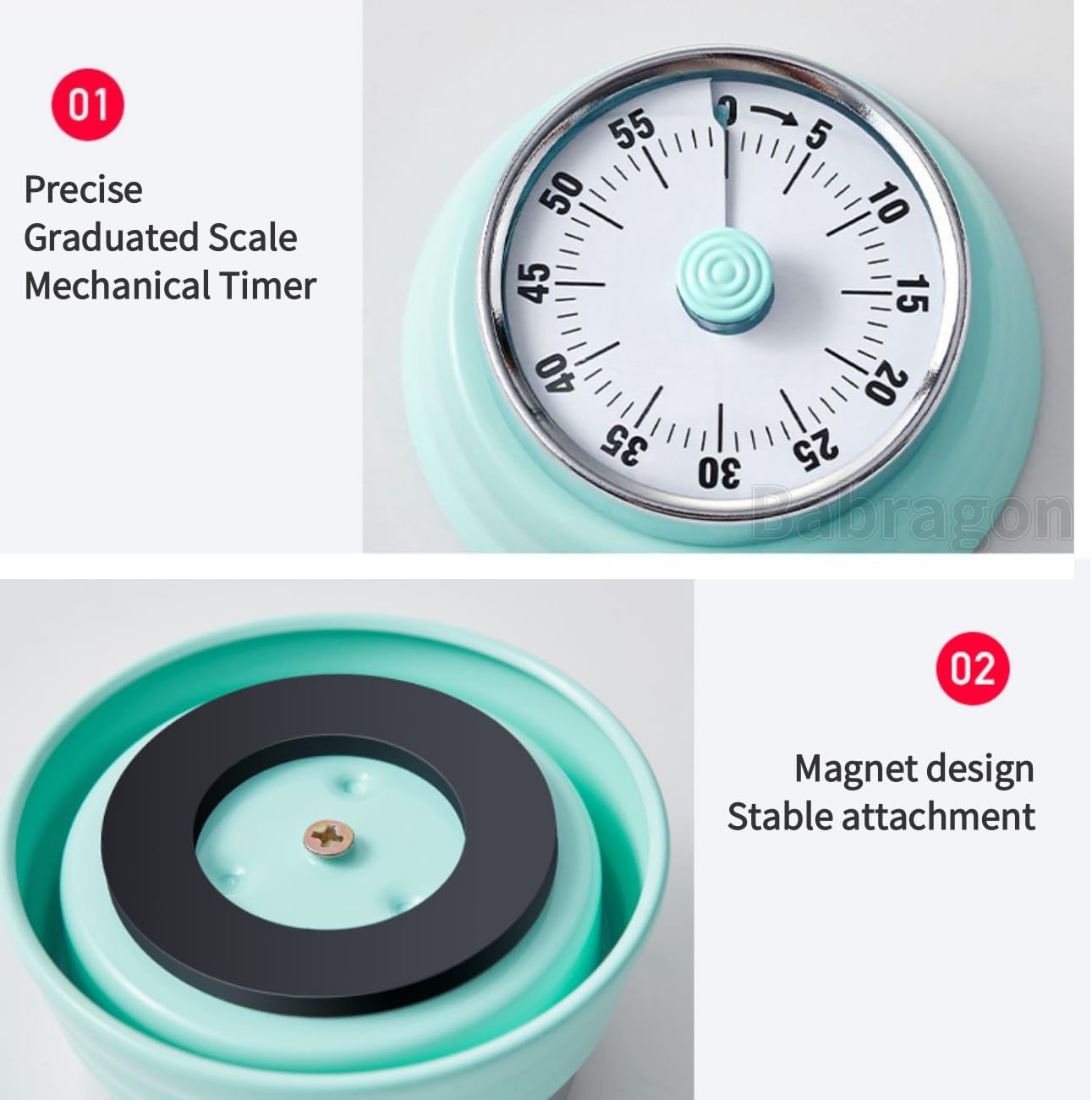 Visual Timer, 60-Minute Magnetic Mechanical Kitchen Timer Green | Stainless Steel Manual Countdown Timer with Loud Alarm for Cooking, Fitness, Office