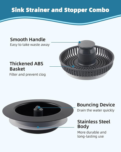 Universal 3 in 1 Kitchen Sink Drain Strainer Stopper Combo, Matte Black | Stainless Steel Shell Pop Up Sink Stopper for US Standard 3-1/2 inch Drain Filter, Anti-Clog and Easy Clean