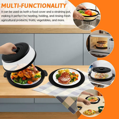 Microwave Splatter Cover 2 in 1 Collapsible Microwave Food Cover with Tray & Handles,Microwave Plate Covers With Steam Vent Fits Bowls,Plates & Pots,Food,Meal Prep(26 * 26 * 7cm,COLOR:Black)