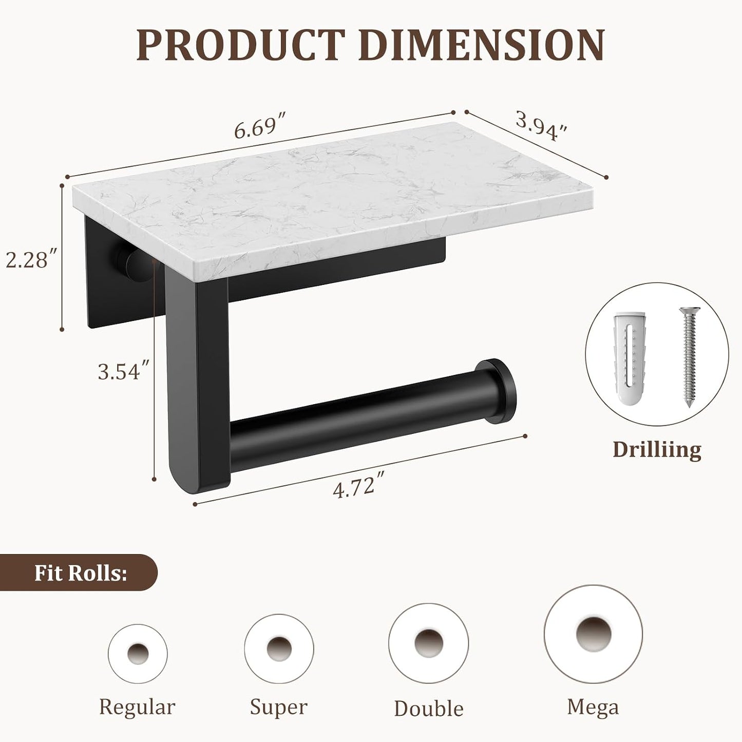 BWE Brushed Gold Toilet Paper Holder with Marble Shelf Wall Mounted | Toilet Paper Roll Holder with Phone Shelf 304 Stainless Steel Tissue Holder for Bathroom Washroom,Saving Space