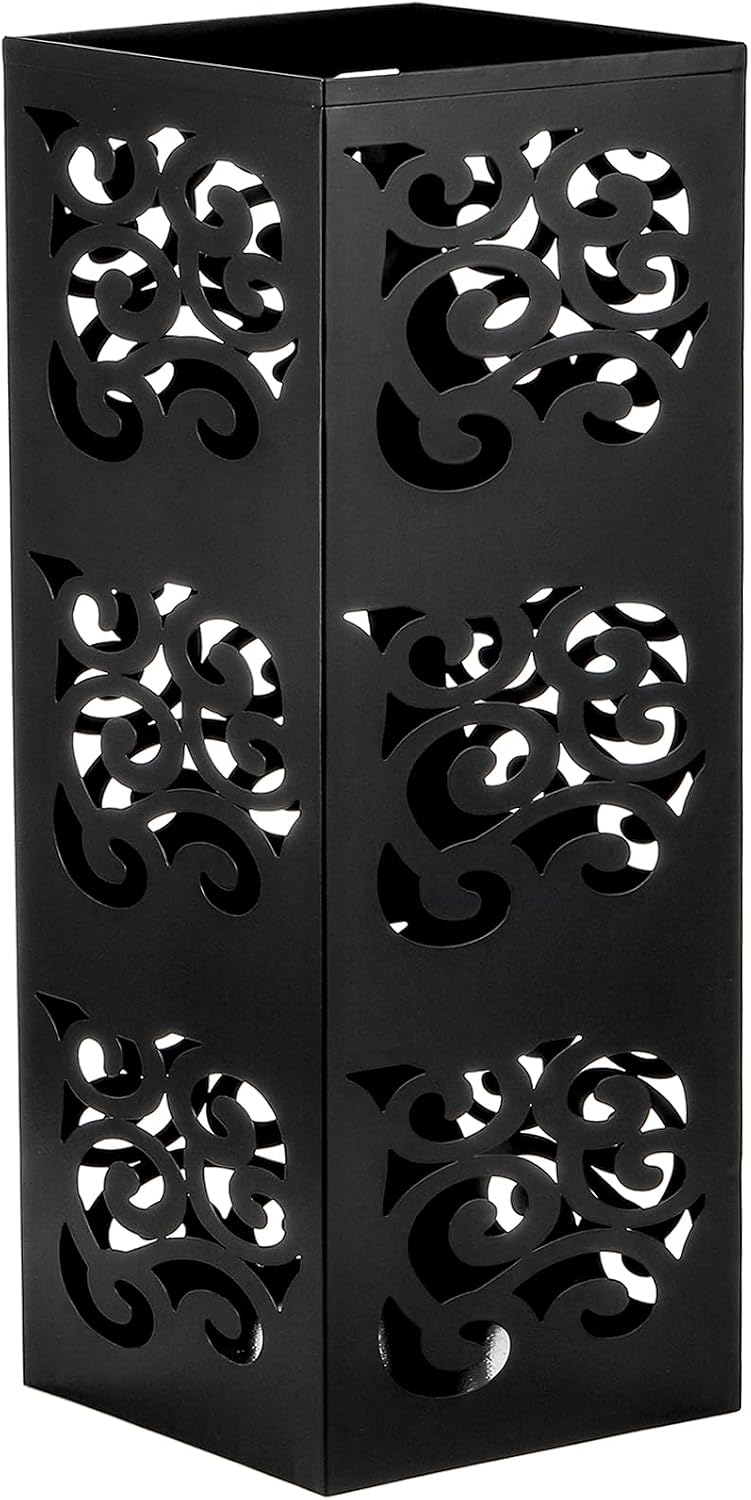 Kingrol Metal Umbrella Holder for Entryway, Square Black Umbrella Stand with Hollow Design, Freestanding Umbrella Rack for Umbrellas, Canes and Walking Sticks, 6 x 6 x 15.75 Inch