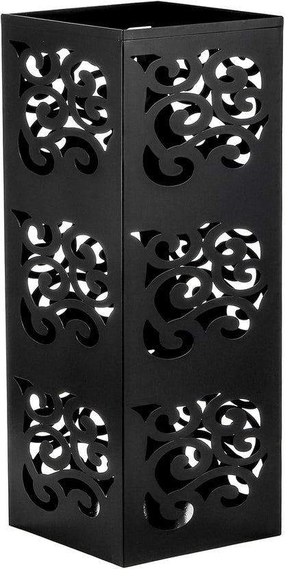 Kingrol Metal Umbrella Holder for Entryway, Square Black Umbrella Stand with Hollow Design, Freestanding Umbrella Rack for Umbrellas, Canes and Walking Sticks, 6 x 6 x 15.75 Inch