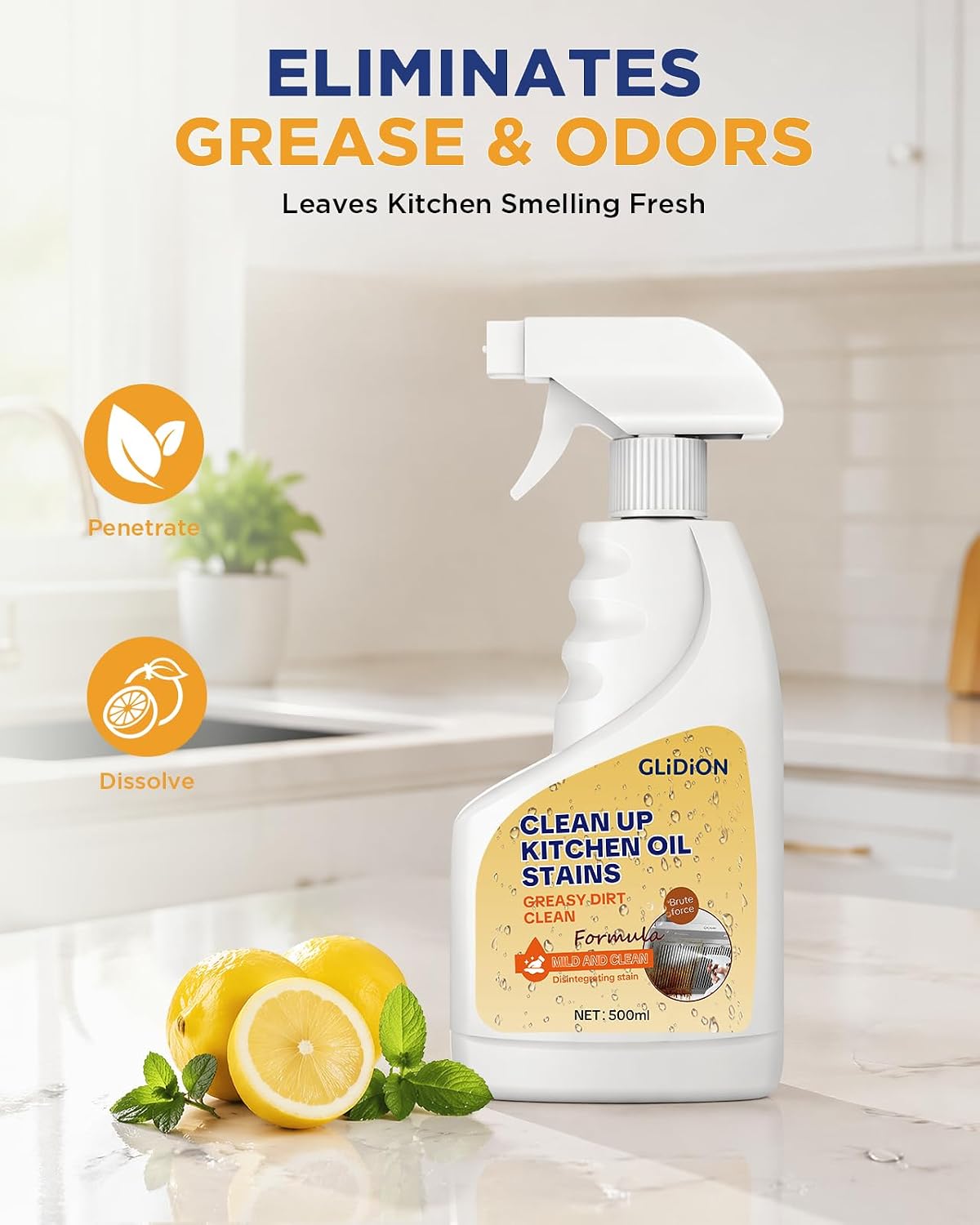 Heavy Duty Kitchen Degreaser Spray with Foam Sprayer, 16.9 Fl Oz | Multi-Purpose Grease Remover, Safe Non-Corrosive Formula, Works For Range Hood, Stove, Countertop, Microwave