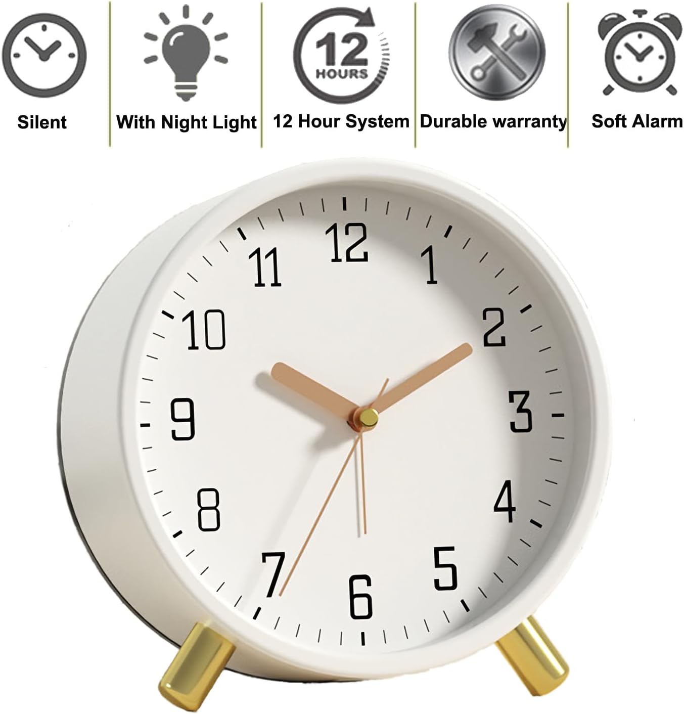 SHISEDECO Alarm Clock with Backlight, 4.5 inches Bedside Analog Non-Ticking Silent Small Deskclock with Arabic Numerals, Battery Operated Round Tableclock for Living Room, Bedroom (White)