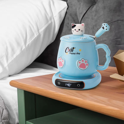 Bgbg Coffee Mug Warmer & Cute Cat Mug Set, Beverage Cup Warmer for Desk Home Office with Three Temperature Up to 140℉/ 60℃, Coffee Warmer for Cocoa Milk Tea Water Candle, 8 Hours Auto Shut Off