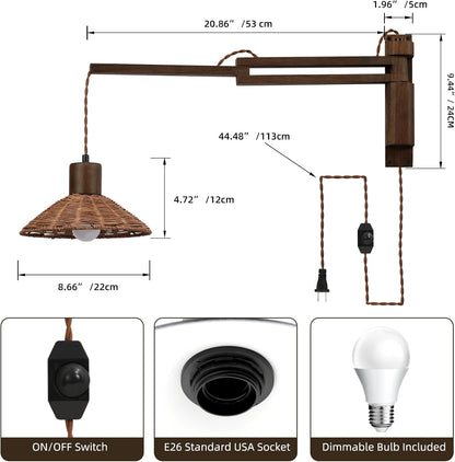 maesta Plug in Wall Lamp, Wood Swing Arm Wall Sconce for Bedroom | Swing Arm Wall Lamp, Natural Wood Finish with Corded Plug In Design, Dimmable Switch and Bulb Included for Bedroom Bedside