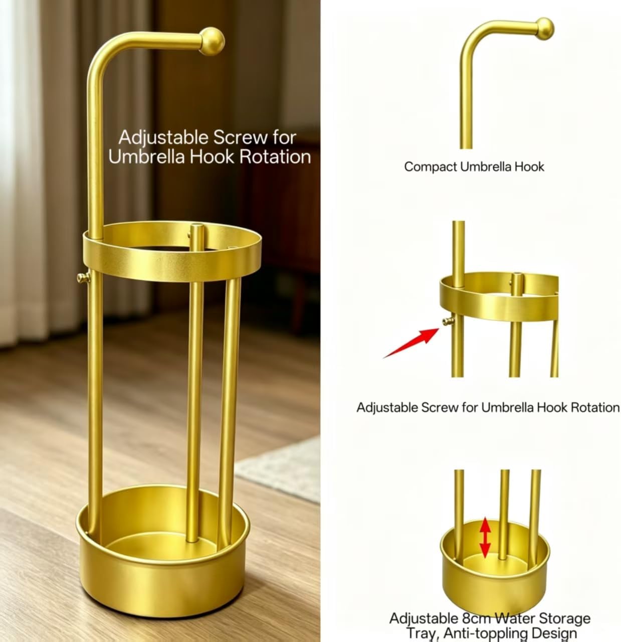 Stainless Steel Umbrella Stand, Gold Freestanding Umbrella Holder with Drip Tray & Hook, Entryway Rain Umbrella Storage Rack for Home Lobby Hotel Decor