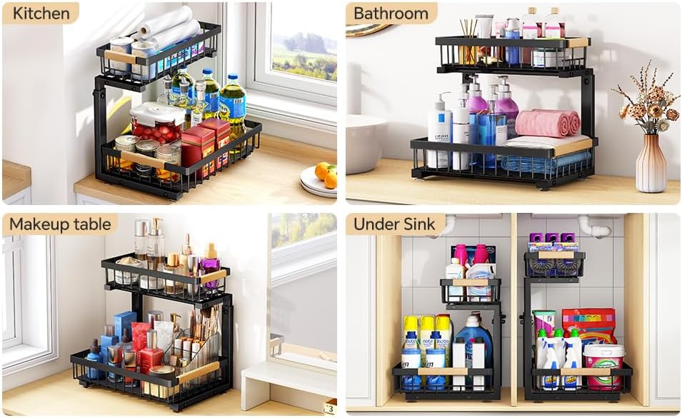 PXRACK Under Sink Organizer, Adjustable Height, 2 Tier Pull Out Under Cabinet Organizer, Slide Out Thickened Metal Under Sink Storage for Kitchen Bathroom Laundry Pantry Cabinet, White, Large-2-Pack