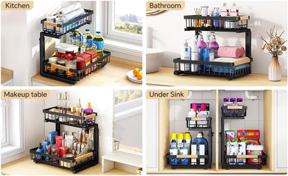 PXRACK Under Sink Organizer, Adjustable Height, 2 Tier Pull Out Under Cabinet Organizer, Slide Out Thickened Metal Under Sink Storage for Kitchen Bathroom Laundry Pantry Cabinet, White, Large-2-Pack