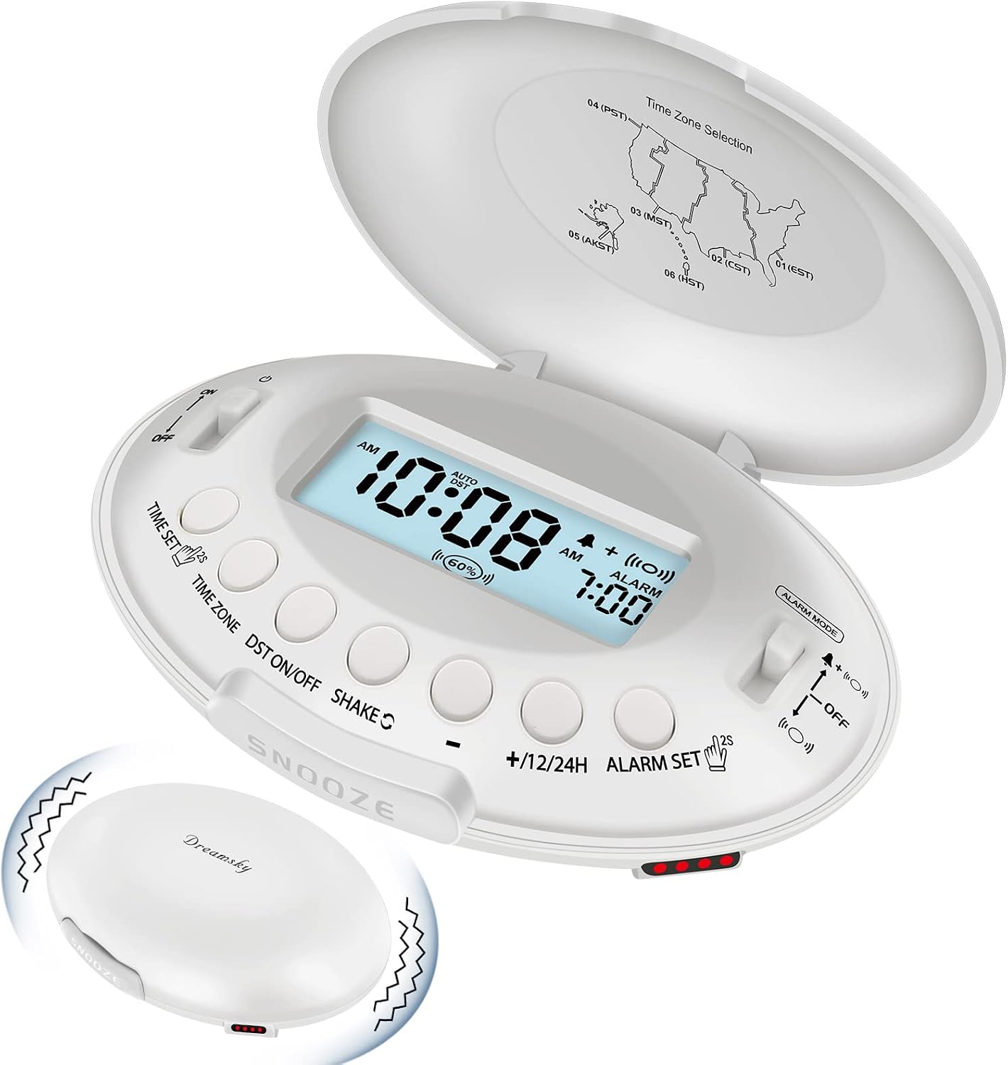 DreamSky Vibrating Alarm Clock for Heavy Sleepers Adults Under Pillow | Bed Shaker Alarm Clock for Teens Kids/Hearing Impaired, Rechargeable Battery Operated for Bedroom/Travel, Auto DST, Backlight