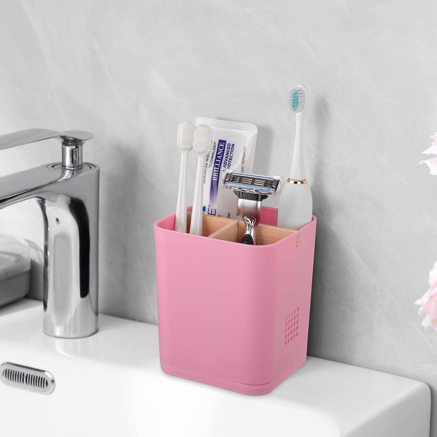 Electric Toothbrush Holder Tooth Brush and Toothpaste Organizer, Black | 3 Slots, Drainage Holes, Removable Bamboo Divider, Ventilation Design, Space-Saving, for Bathroom Countertop, Shower, Vanity