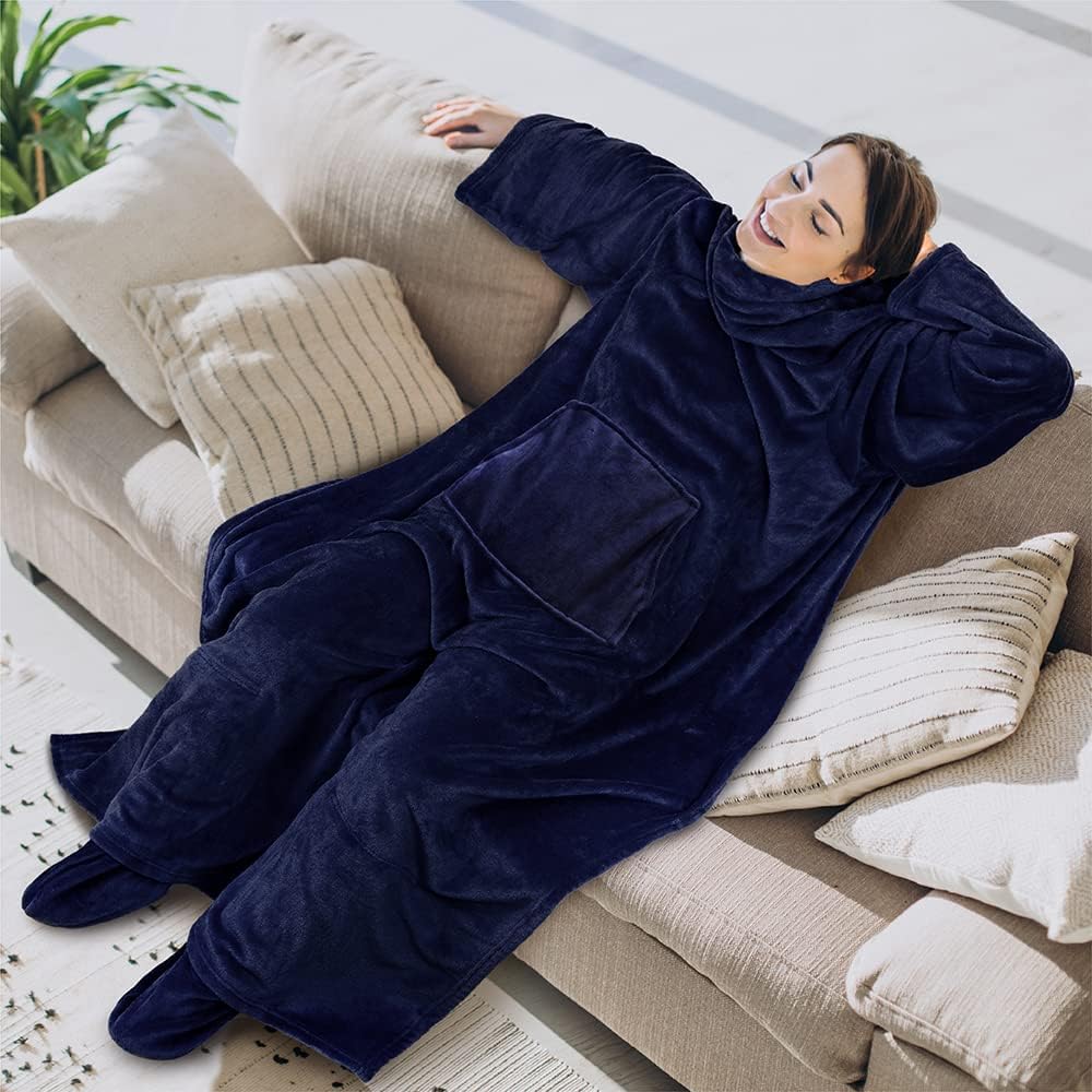 PAVILIA Fleece Blanket with Sleeves, Foot Pockets for Women Men Adults, Plush Wearable Blanket Throw Wrap, Warm Snuggle Blanket Robe, Cozy Gift Ideas Wife Mom, Dark Purple