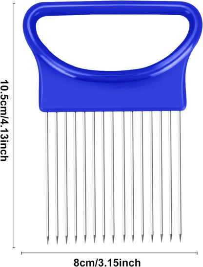 2Pcs Ruooson Onion Holder for Slicing, Stainless Steel Prongs Kitchen Slicer, Lemon Potato Cucumber Vegetable Cutter Comb,Meat Tenderizer,(white and blue).