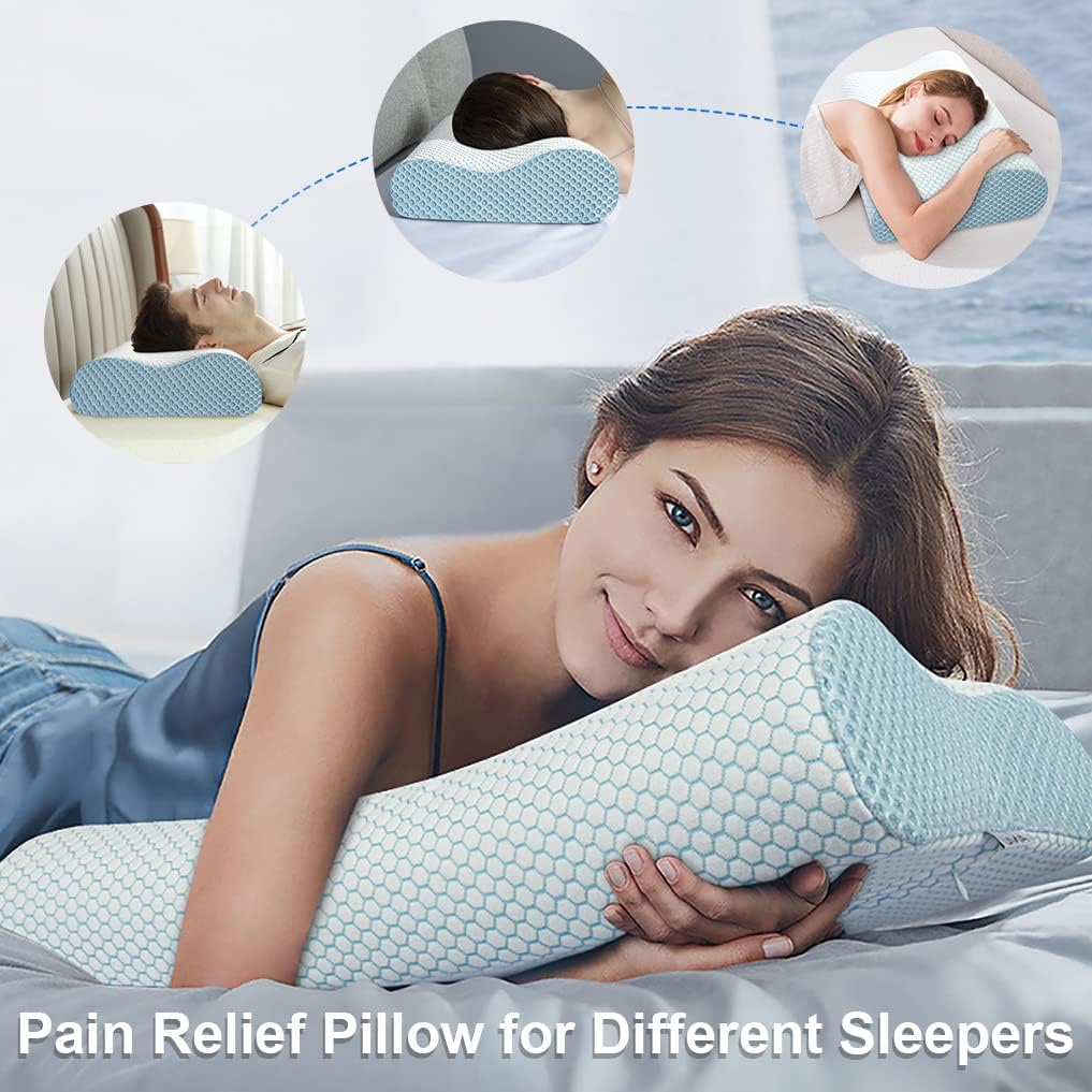 Anvo Memory Foam Pillow, Neck Contour Cervical Orthopedic Bed Pillow for Sleeping Side Back Stomach Sleeper, Ergonomic Design for Neck and Shoulder Pain Relief, Blue White, Firm