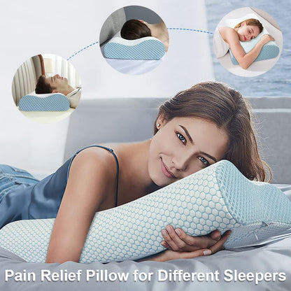 Anvo Memory Foam Pillow, Neck Contour Cervical Orthopedic Bed Pillow for Sleeping Side Back Stomach Sleeper, Ergonomic Design for Neck and Shoulder Pain Relief, Blue White, Firm