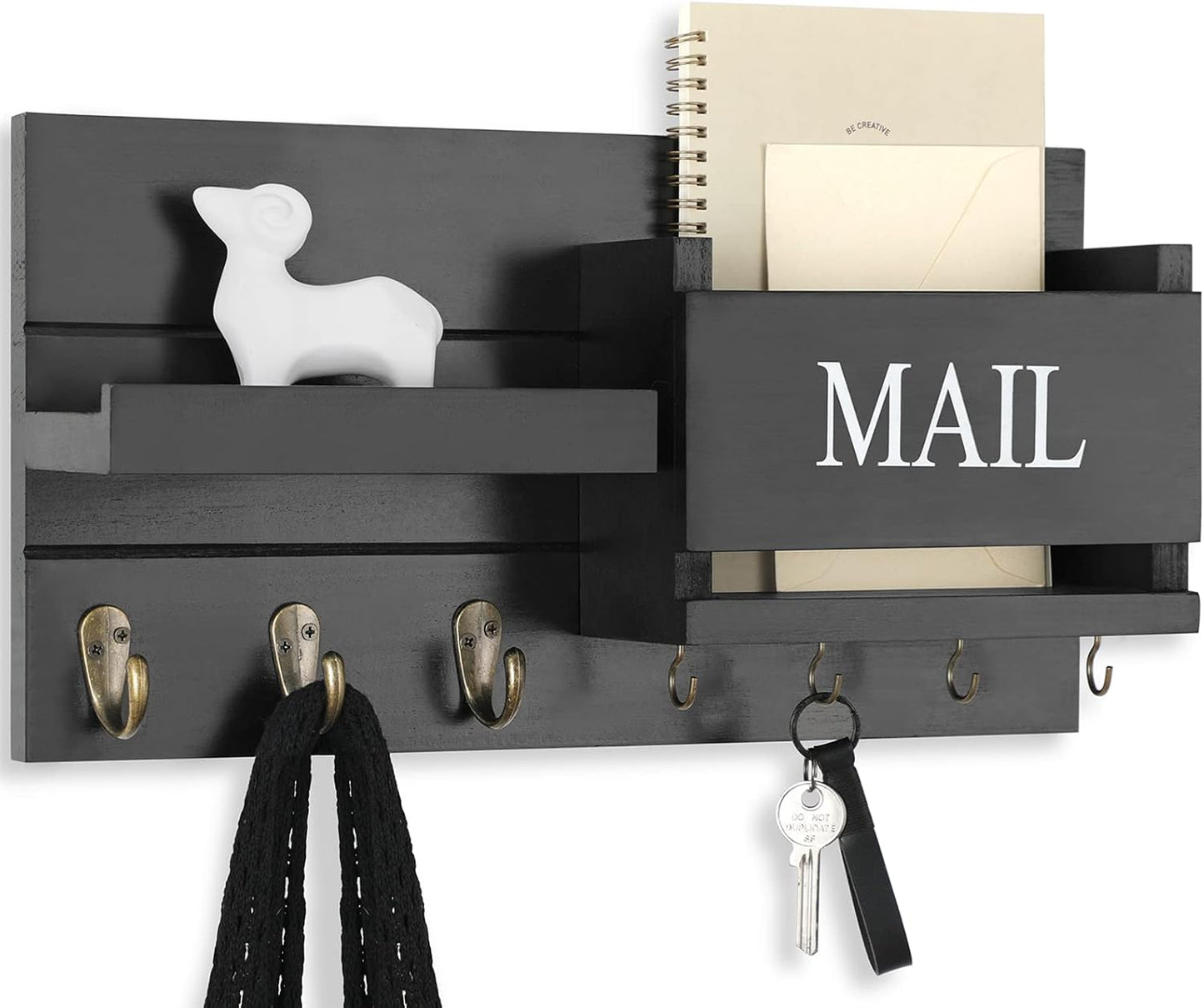 Lwenki Mail Organizer for Wall Mount – Key Holder with Shelf Includes Letter Holder and Hooks for Hallway Farmhouse Decor – Rustic Wood with Flush Mounting Hardware (16.5” x 9.1” x 3.4”) (White)