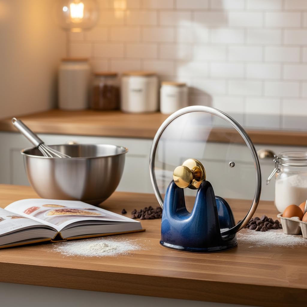 Nihow Ceramic Pot Lid Holder While Cooking for Kitchen Counter/Stove Top | Blue,Stable, Dishwasher Safe, Keep Counter Top Tidy and Clean,Water Proof,Saving Space,Heat Resistant