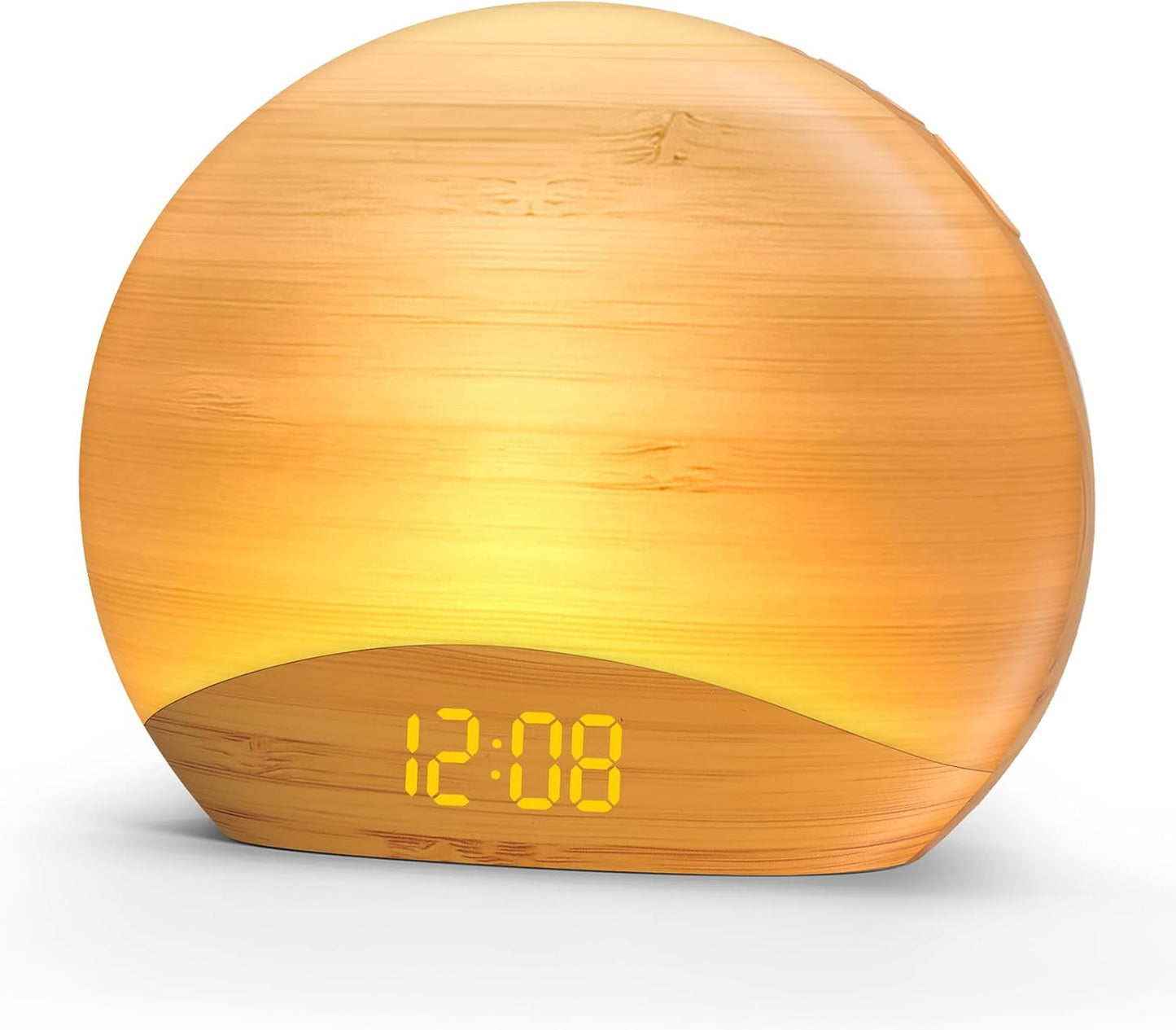 REACHER Wood Grain Sunrise Alarm Clock, Bluetooth Speaker, FM Radio & Light | Gradual wake up light, digital dimmable clock, reading lamps, colorful night lights, wooden clock for bedroom, adult, kids