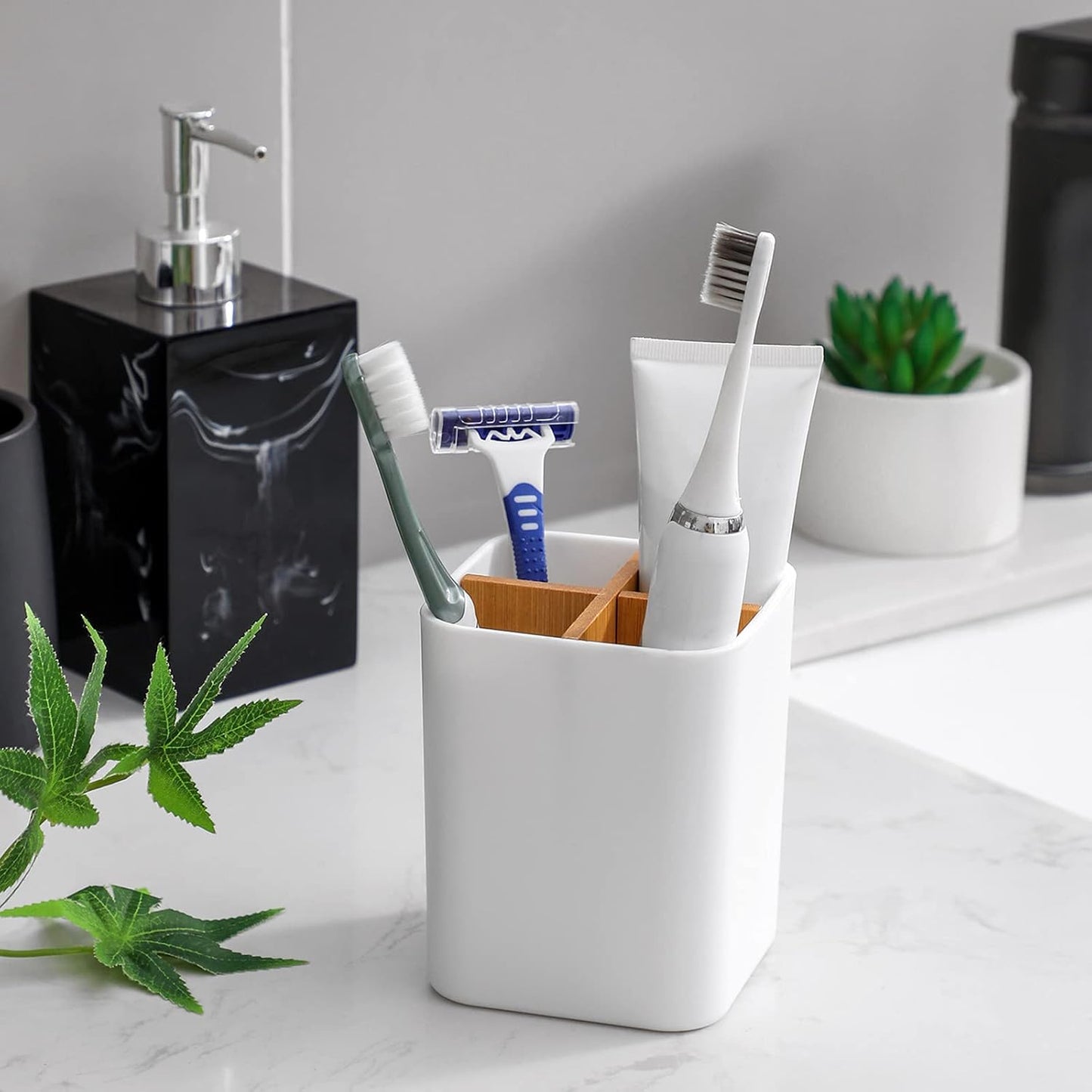 Bamboo Toothbrush Holder for Bathrooms Toothpaste Organizer - Black | Detachable Inserts, 3 Slots, Bathroom Counter Organizer, for Kids Electric Toothbrushes, Floss, Razors