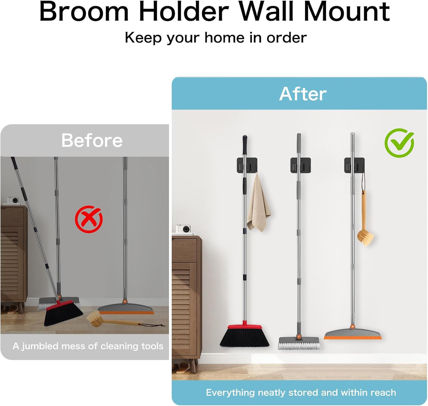 nacena 4 Pack No Drill Self Adhesive Broom Mop Holder Wall Mount with Hooks, Heavy Duty Stainless Steel Organizer for Kitchen Bathroom Garage Storage, Black