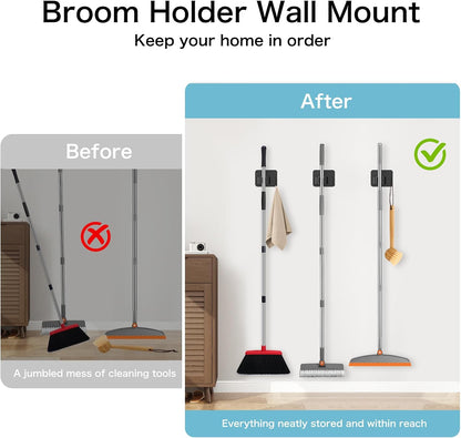 nacena 4 Pack No Drill Self Adhesive Broom Mop Holder Wall Mount with Hooks, Heavy Duty Stainless Steel Organizer for Kitchen Bathroom Garage Storage, Black