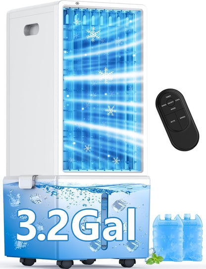 Portable Air Conditioners 4 Modes&3 Speeds,4 Ice Packs, Waterless Alert System, 12H Timer, Remote,1 Gal Detachable Water Tank, 70°Oscillation Windowless Evaporative Air Cooler for Room Office
