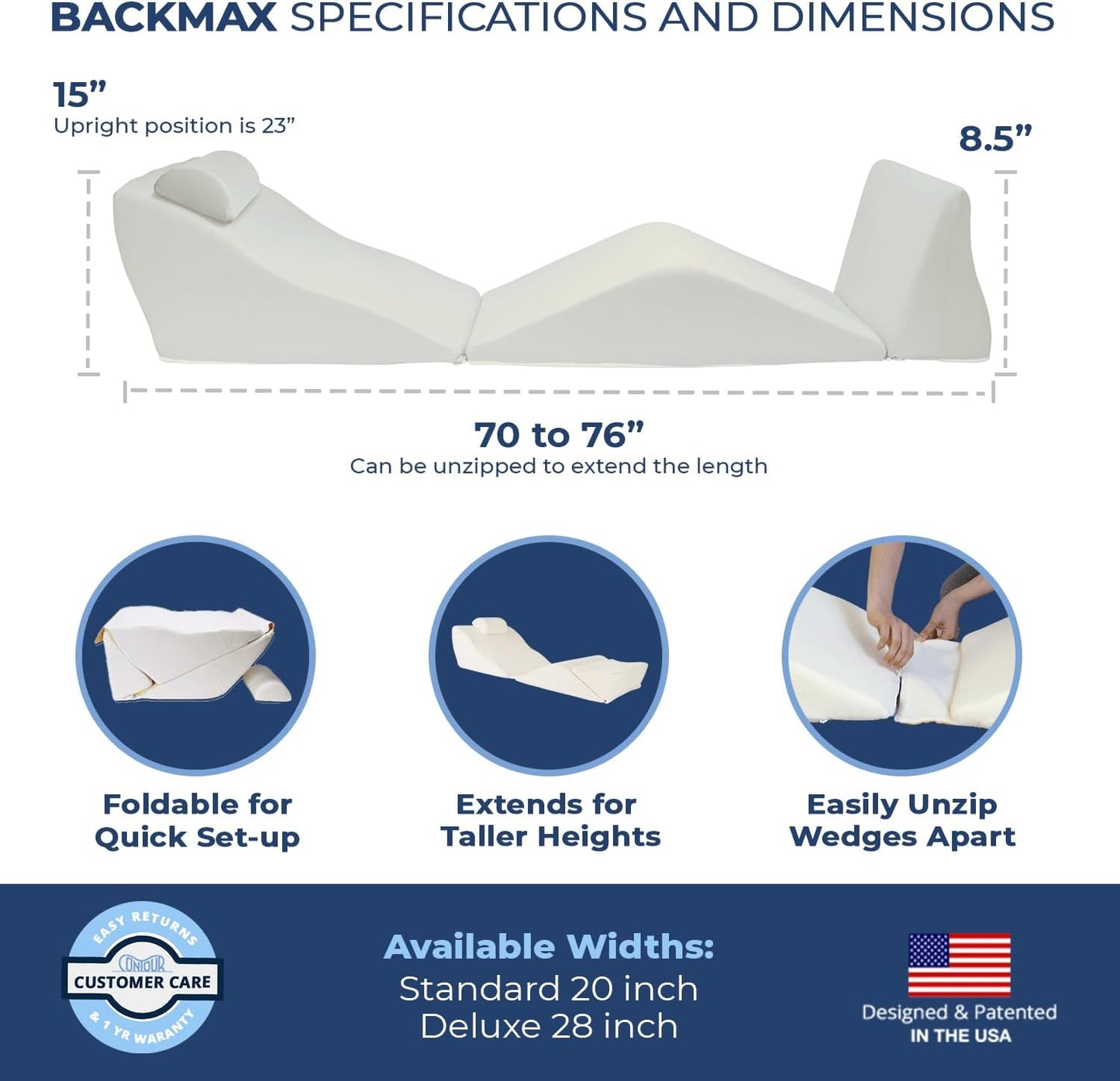 Contour BackMax - Foam Bed Wedge Sleep Support System + Neck Pillow - 4-Piece Full Body Support - Optimal Angle for Better Posture - Leg & Knee Elevation - 9-in-1 Adjustable Design - 20” Standard