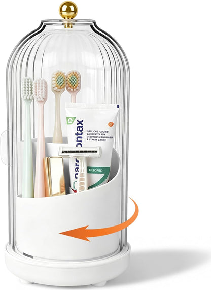 Toothbrush Holders with Cover Toothpaste Organizer for Bathroom, White | 360° Rotating, Dustproof Sliding Lid, Drainage Holes, Waterproof, for Kids Electric Toothbrush Makeup Brush Storage