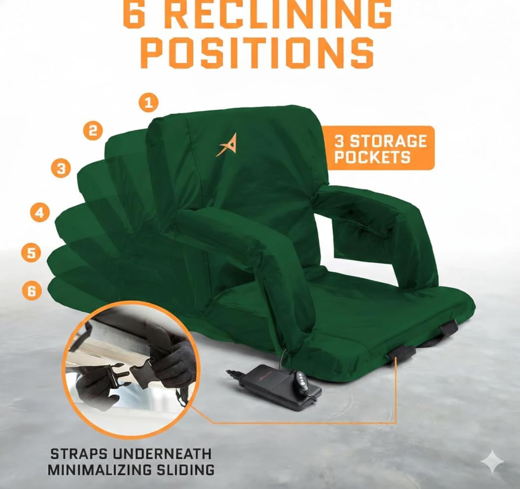 Heated Stadium Seats for Bleachers with Back Support – USB Battery Included - Upgraded 3 Levels of Heat - Foldable Chair - Cushioned, 4 Pockets for Snacks, Cup Holder - for Camping, Games & Sports