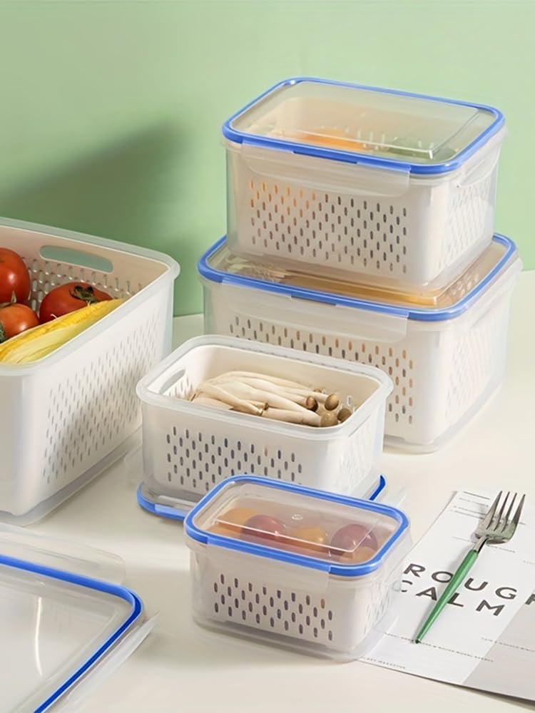 2 Pack Fruit Storage Containers for Fridge,Leakproof Food Storage Containers with Removable Colanders and Lid Produce Containers Keep Fruits Vegetables Berry and Meat Fresh longer(Clear White)