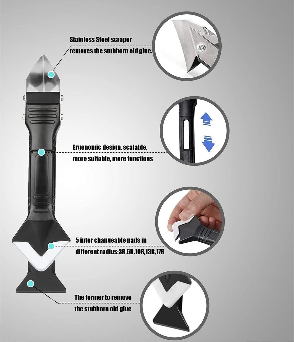 Caulking Tool 5 in 1, Caulk Remover & Silicone Sealant Finishing Kit with Grout Scraper and 6 Silicone Pads, Ideal for Kitchen, Bathroom, and Window Sealing