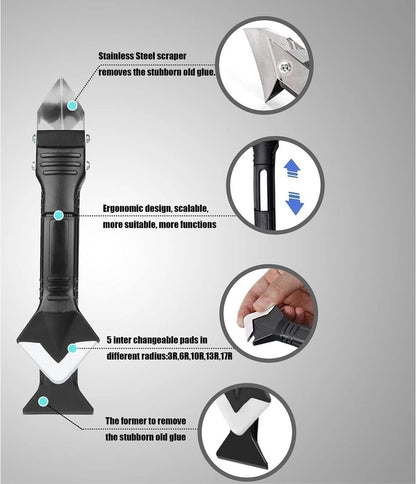 Caulking Tool 5 in 1, Caulk Remover & Silicone Sealant Finishing Kit with Grout Scraper and 6 Silicone Pads, Ideal for Kitchen, Bathroom, and Window Sealing