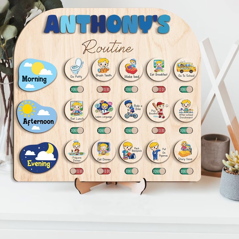 TinyKidz Wooden Daily Routine Chart 11x15, Schedule Board for Kids, Wooden Chore Chart for Kids, Responsibilities Chart for Toddlers, Morning Bedtime Routine for Toddlers