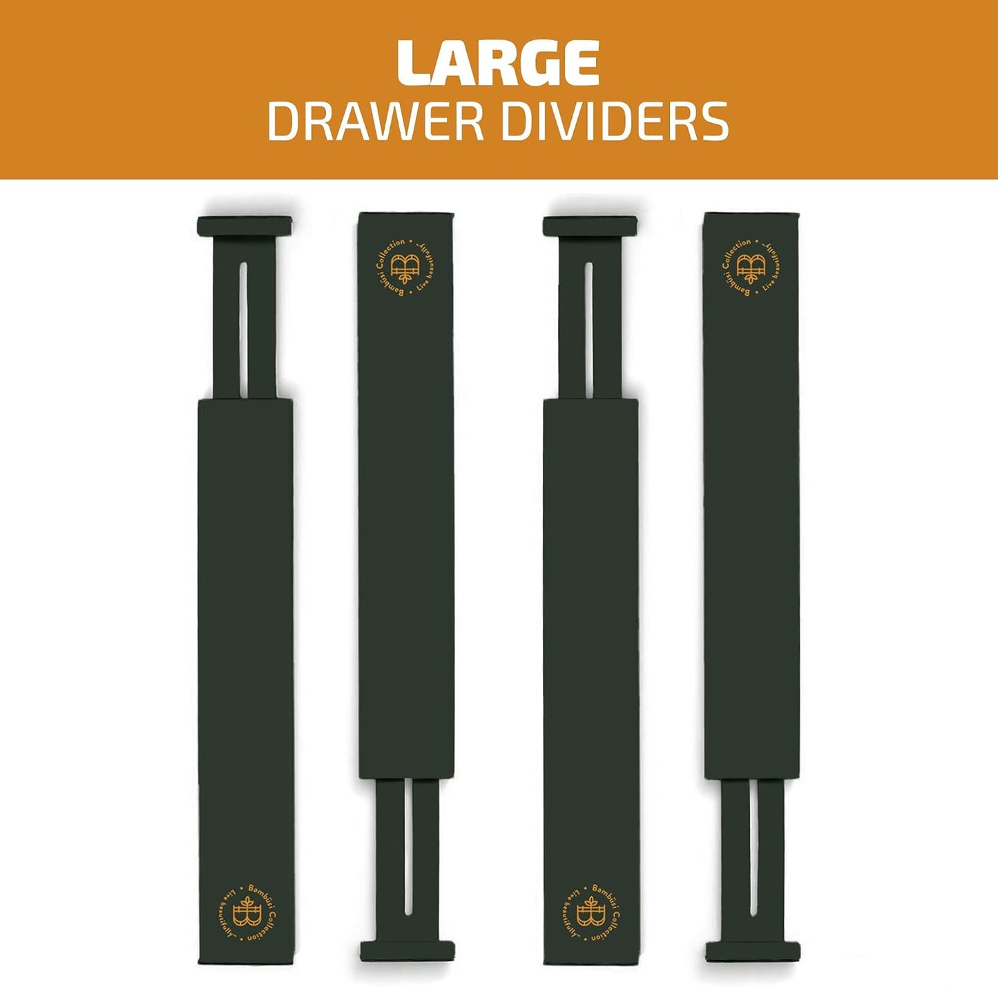 4-Pack Drawer Dividers 2.6-Inch High Dresser Organizer 16 to 22 Inch, Black | Bamboo, Spring Loaded, No Tools Needed, Fits Wide Drawers for Socks, Clothes, Utensils, Bedroom, Bathroom, Kitchen, Office