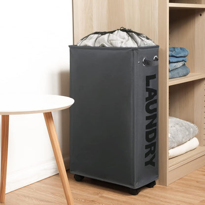 DOKEHOM 25" Slim Rolling Laundry Basket Hamper, Narrow on Wheels, Grey | Collapsible narrow laundry hamper with mesh drawstring closure. Foldable corner clothes storage bin for small spaces