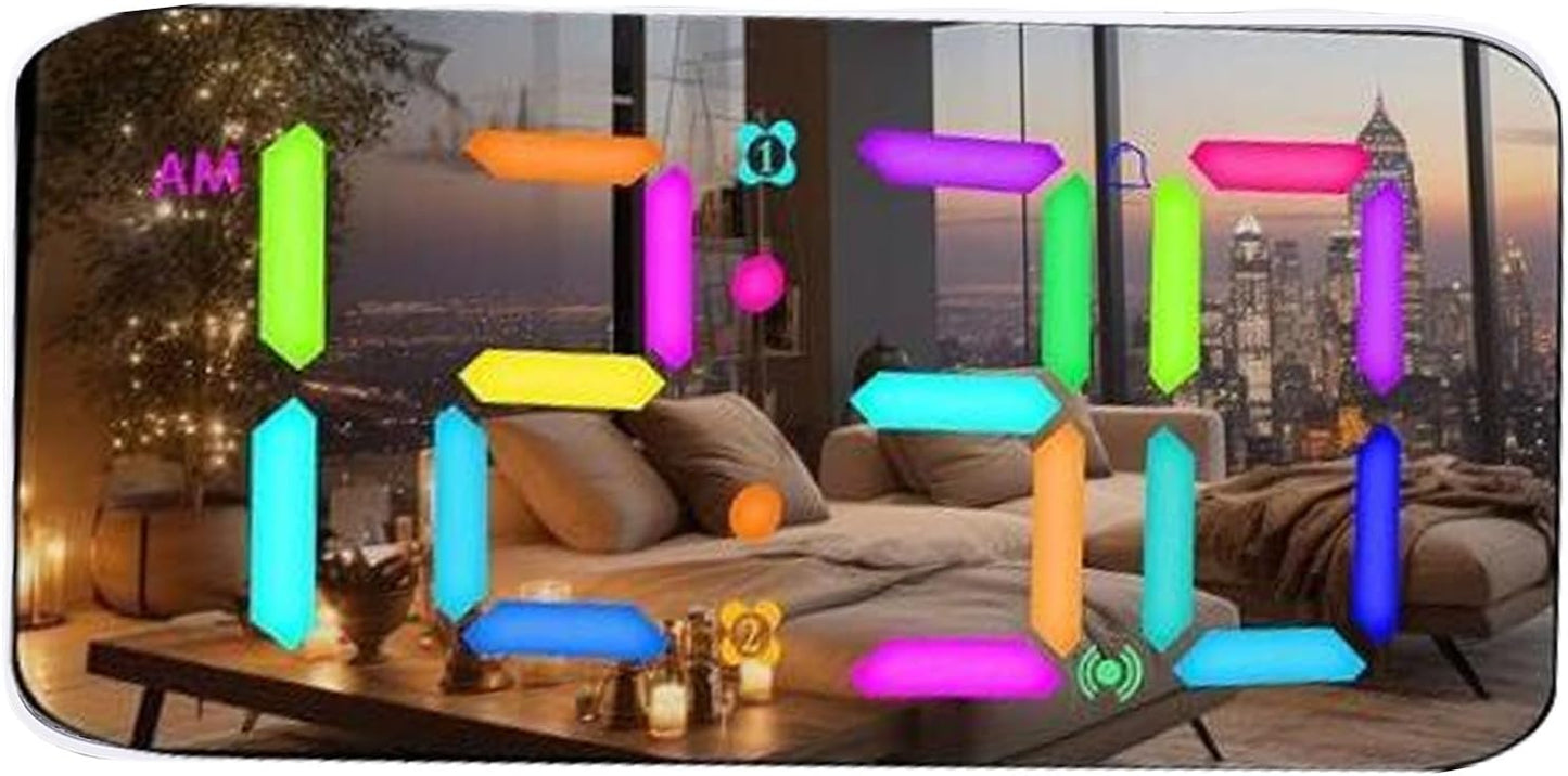 7 Inch Vibrant RGB Mirror Alarm Clock with Powerful Bed Shaker for Heavy Sleepers Seniors ABS Screen Material (White)