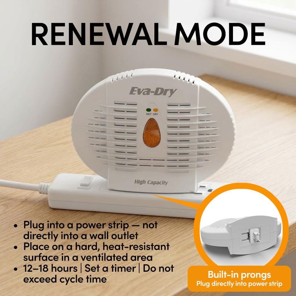 Eva-Dry E-500 Renewable Silica Gel Dehumidifier, 2-Pack, No Batteries | Cordless, plug-in to renew | 500 cu ft each | Gun safes, closets, bathrooms, boats, RVs | Reusable up to 10 years