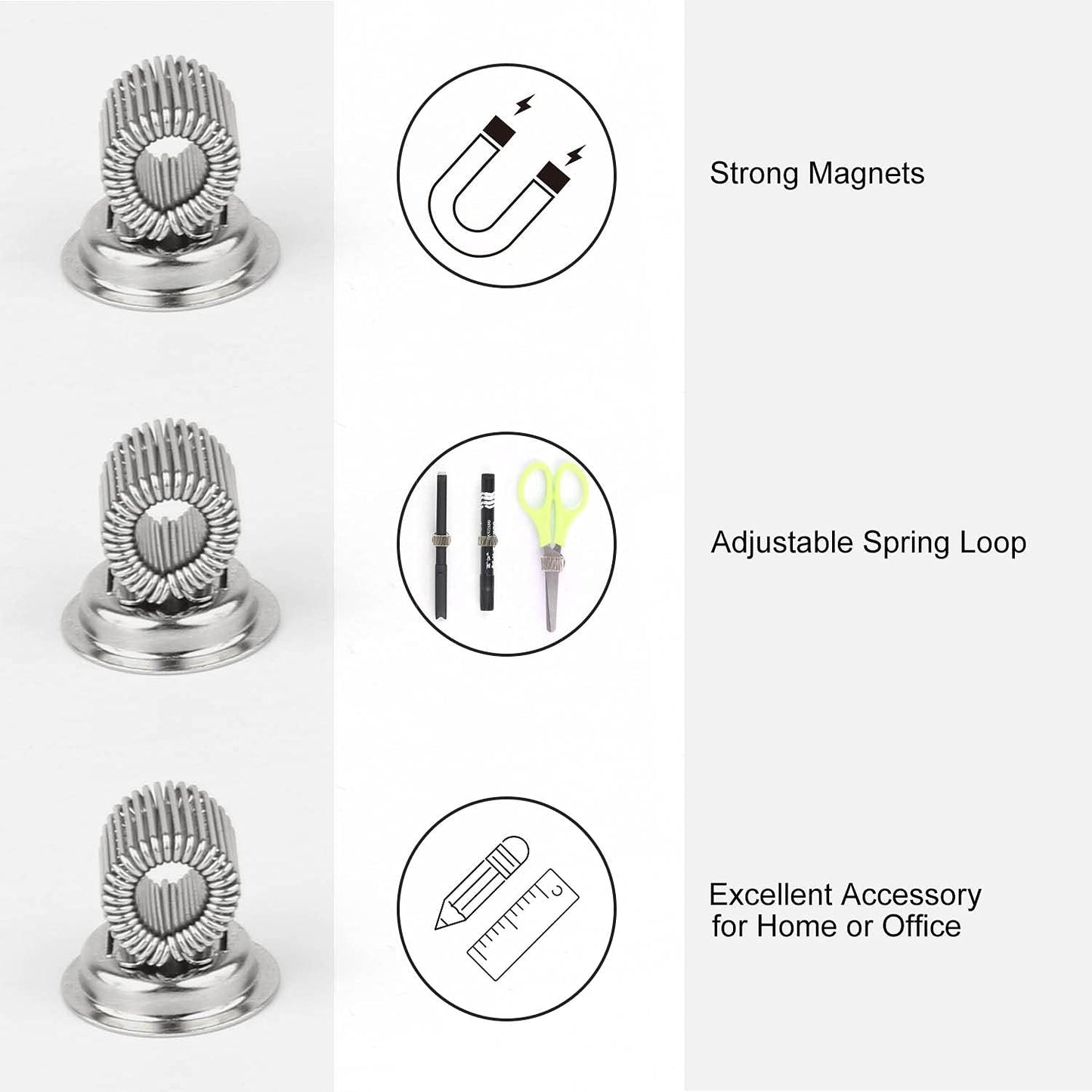 (10 Pack) Magnetic Pen Holder Clip, Stainless Pen Holder Clip with Adjustable Spring Loop, Magno Magnetic Pencil Holder for Refrigerator Whiteboard Erase Board and Bulletin Board Map
