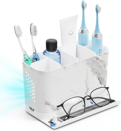 Bathroom Organizers and Storage 6 Slots Wood Grain Electric Toothbrush Holders with Phone Holder and Adjustable Dividers, Cord-Friendly Toothbrush Organizer with Drainage for Family, Kids