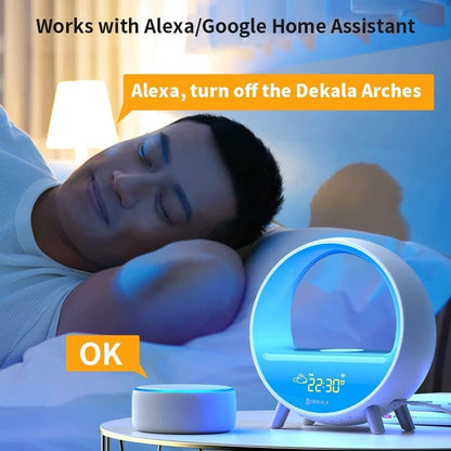 Dekala Arches Gradual Sunrise Alarm Clock with Wireless Charging, Sunset White Noise Sound Machine Loud Sunsire Alarm Clock for Heavy Sleepers Smart Ambient Lamp