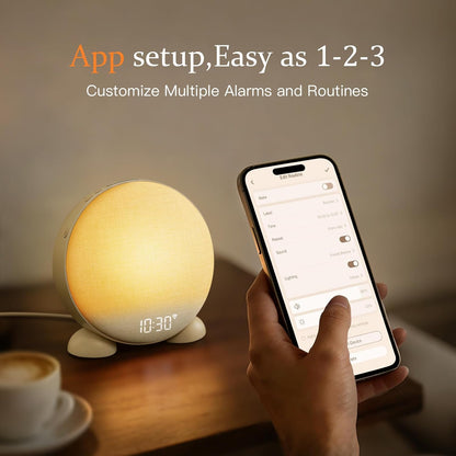 ANJANK App Smart Sunrise Alarm Clock Sound Machine with Wake up Light, Dimmable Clock & Night Light, Up to 15 Alarms, White Noise Machine with 25 Soothing Sounds for Bedroom, Gift for Kids Adults