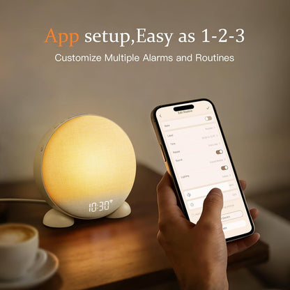 ANJANK App Smart Sunrise Alarm Clock Sound Machine with Wake up Light, Dimmable Clock & Night Light, Up to 15 Alarms, White Noise Machine with 25 Soothing Sounds for Bedroom, Gift for Kids Adults
