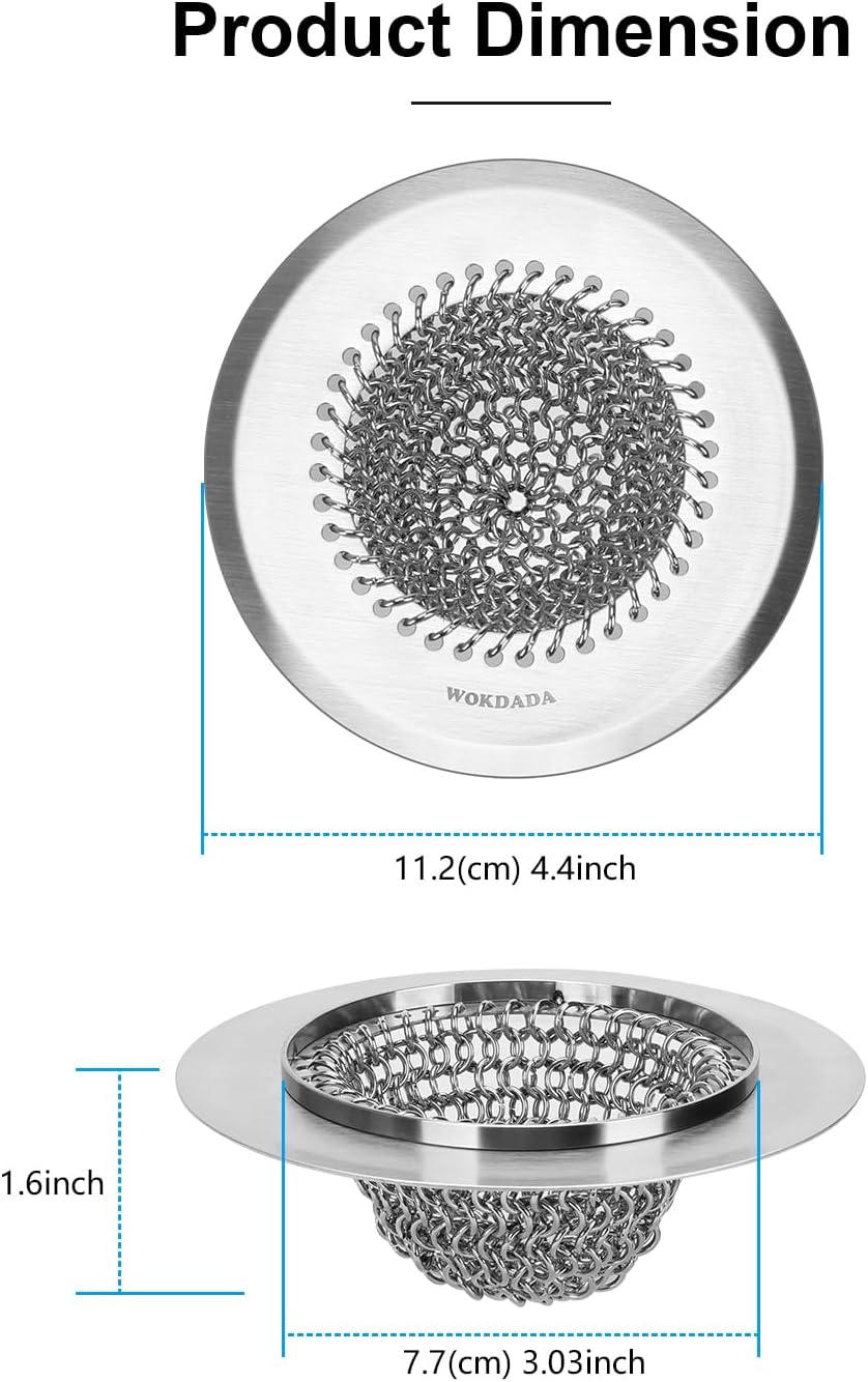 Upgraded Sink Drain Strainer, Patented Reversible Chain Mail Mesh | Anti-Slip Ring, Fast Drainage, Reversible Flip Clean, Rust-Proof, Universal 4.4-Inch, Large Capacity, Garbage Disposal Fit